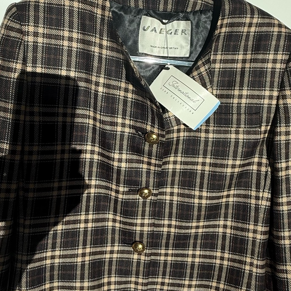 Jaeger Wool Silk Plaid Jacket Blazer Brown Tan UK Made in Great Britain - Picture 12 of 15